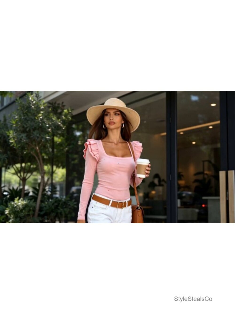 Women's Square Neck Ruffle Long Sleeve Ribbed Knit Top Fitted Going Out Shirt - Picture 3 of 5